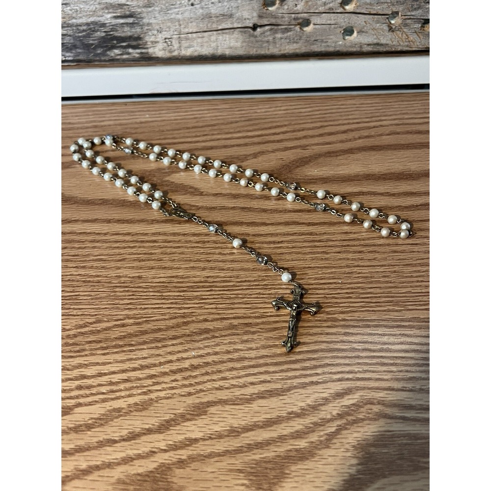 INRI Jerusalem Rosary Beaded Necklace Crucifix Cross Gold Tone Chain 20" Long
